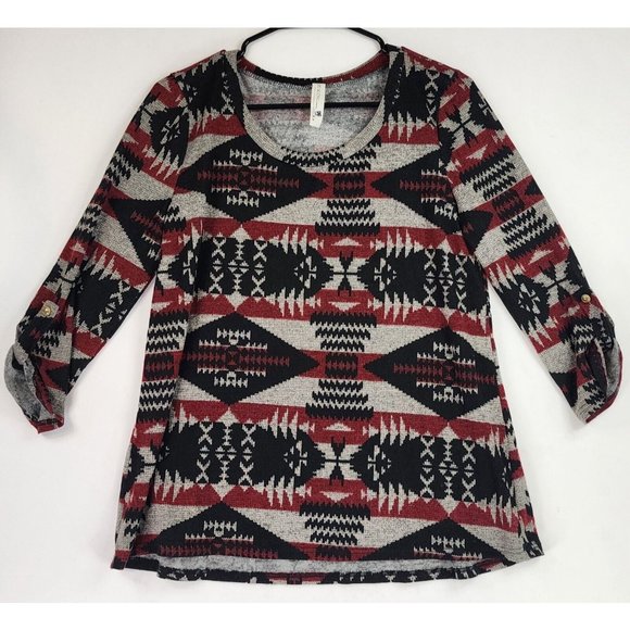Pink Owl Sweaters - Pink Owl Sweater Womens Large Red Black GrayAztec Print Holiday Momcore Roll Tab